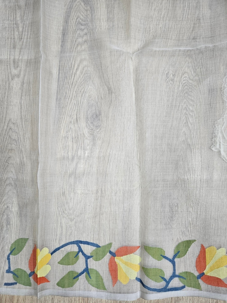 Off-White & Multicolor Faloral Handwoven Muslin Silk Jamdani Saree Balaram Saha