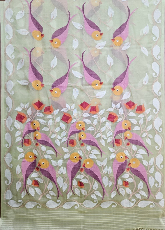 Handwoven Muslin Silk Jamdani Saree – Bird & Floral Motif on Light Lemon Green Balaram Saha