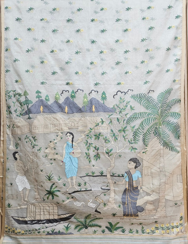 Handwoven Muslin Silk Jamdani Saree – Bengal Village Life (Master Weaver Edition) Balaram Saha