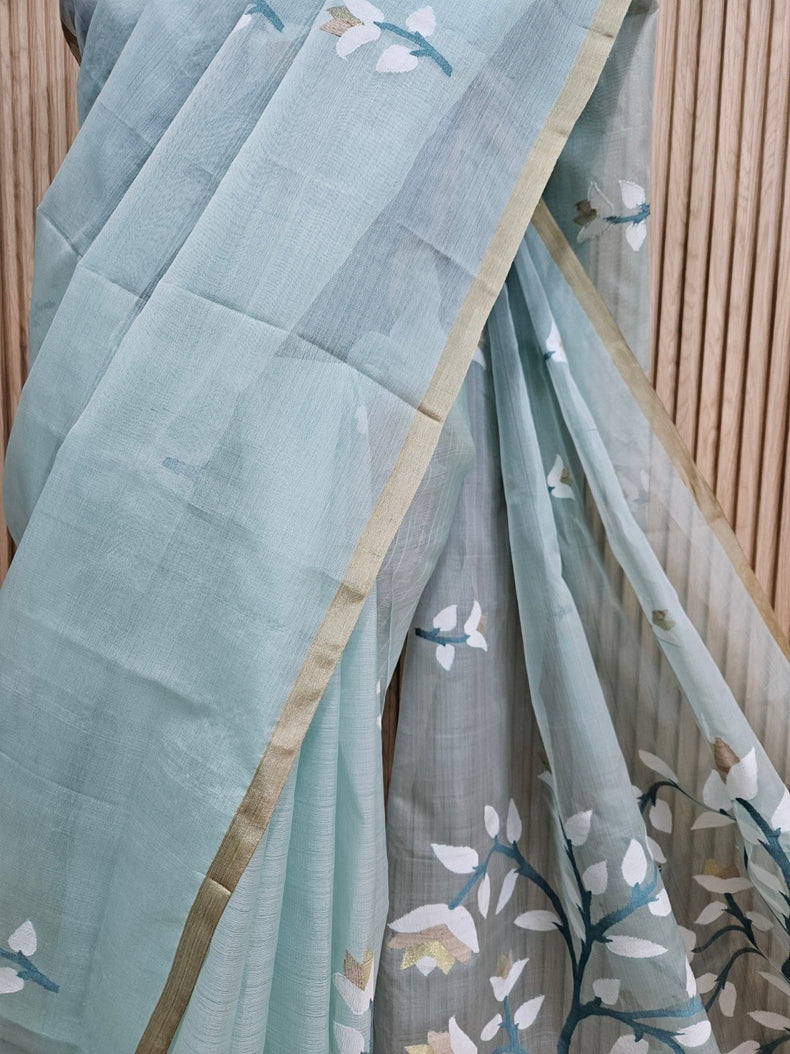 Handwoven Muslin Silk Jamdani Saree – Sage Green with Floral Woven Motifs Balaram Saha