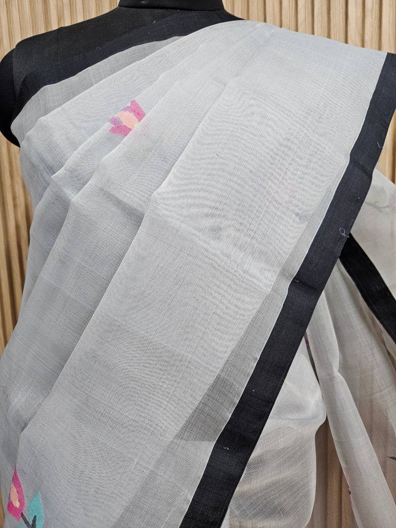 Grey & Black Handwoven Muslin Silk Jamdani Saree Balaram Saha