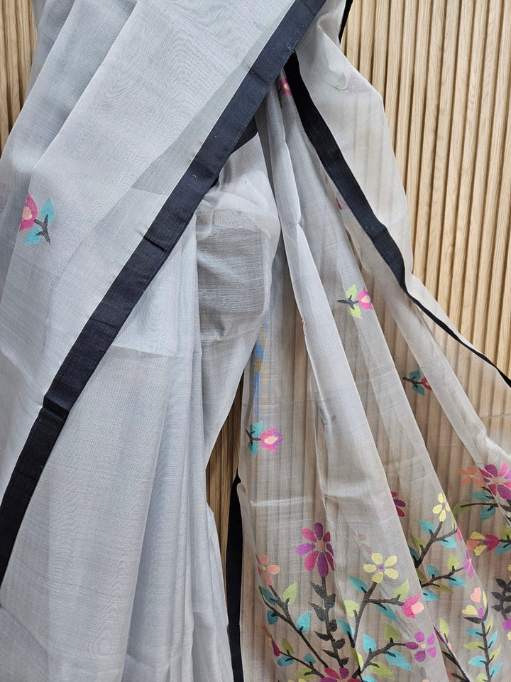 Grey & Black Handwoven Muslin Silk Jamdani Saree Balaram Saha