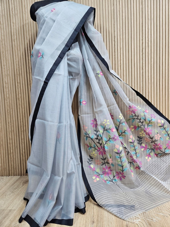 Grey & Black Handwoven Muslin Silk Jamdani Saree Balaram Saha