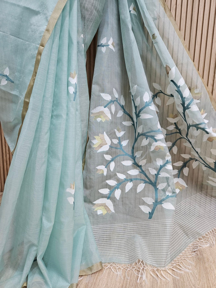Handwoven Muslin Silk Jamdani Saree – Sage Green with Floral Woven Motifs Balaram Saha