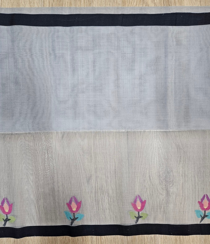 Grey & Black Handwoven Muslin Silk Jamdani Saree Balaram Saha