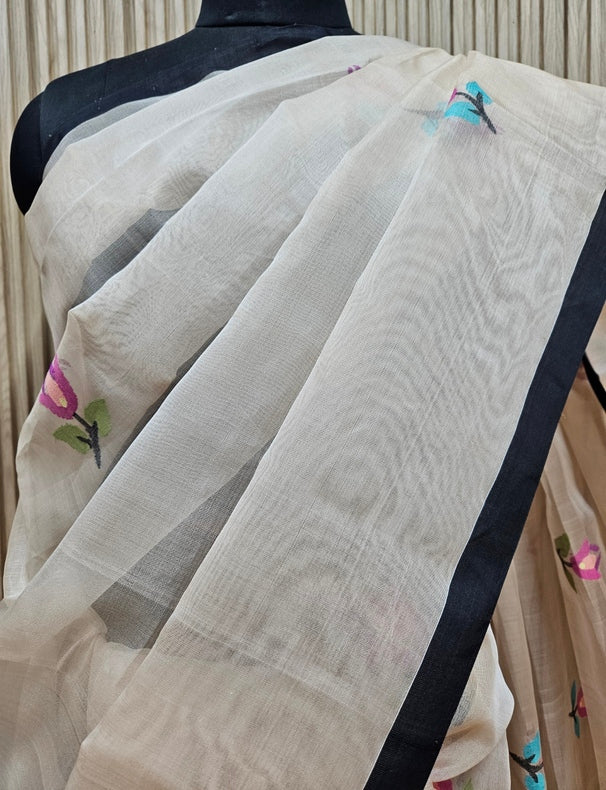 Beige & Black Handwoven Muslin Silk Jamdani Saree Balaram Saha