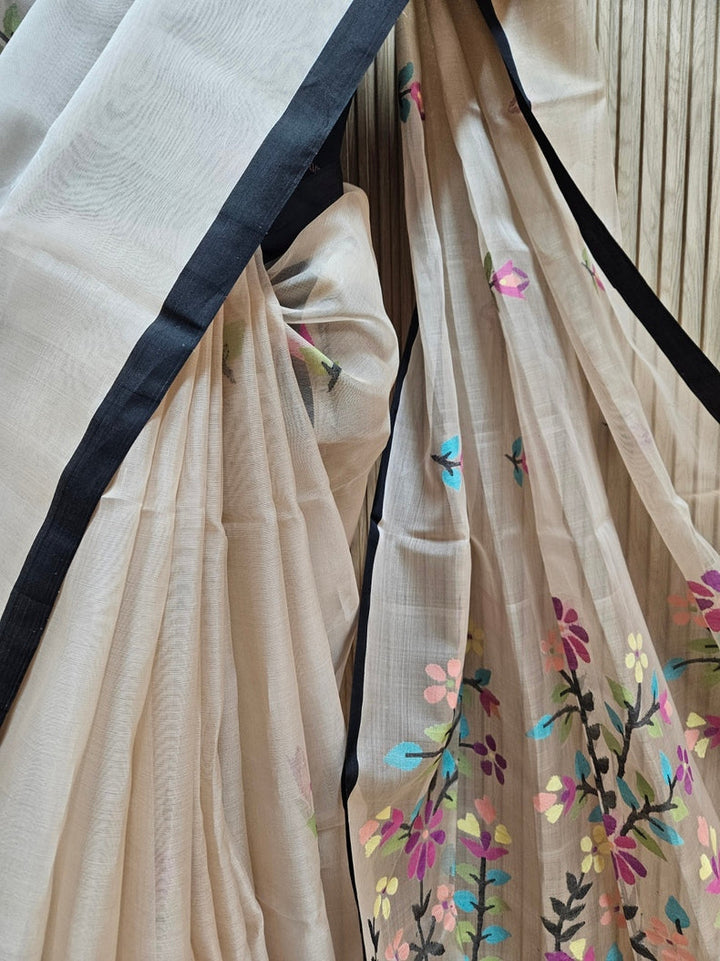 Beige & Black Handwoven Muslin Silk Jamdani Saree Balaram Saha