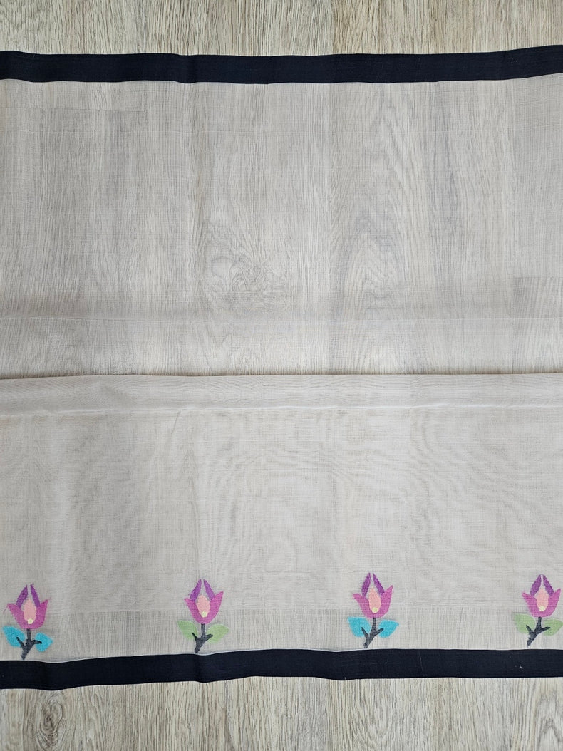 Beige & Black Handwoven Muslin Silk Jamdani Saree Balaram Saha