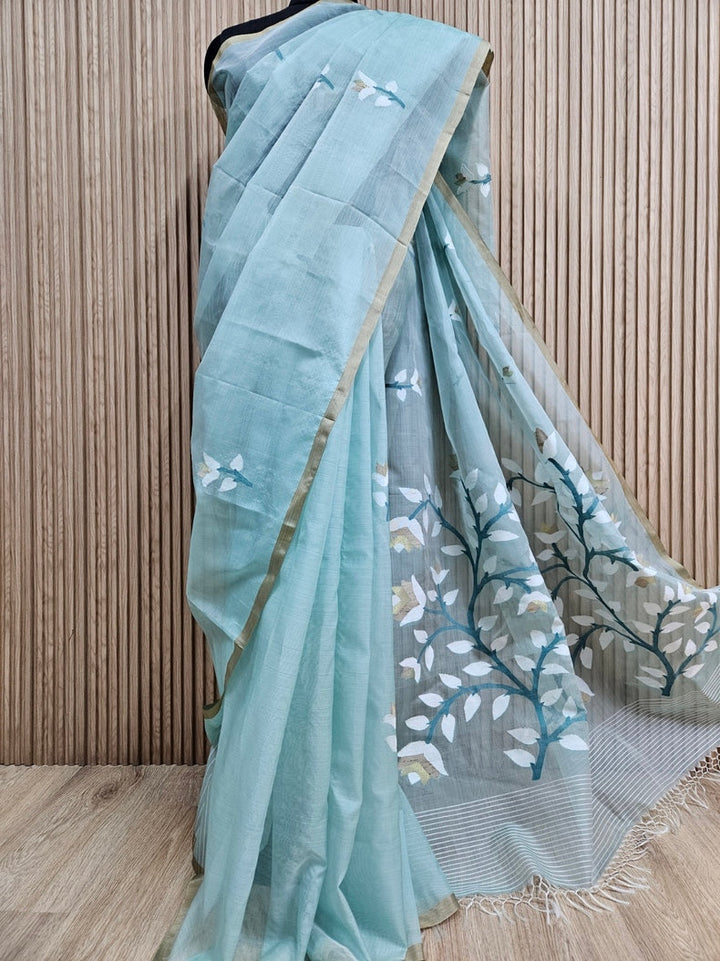 Handwoven Muslin Silk Jamdani Saree – Sage Green with Floral Woven Motifs Balaram Saha