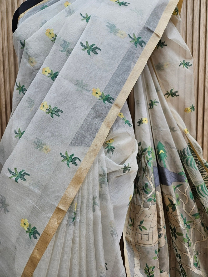 Handwoven Muslin Silk Jamdani Saree – Bengal Village Life (Master Weaver Edition) Balaram Saha