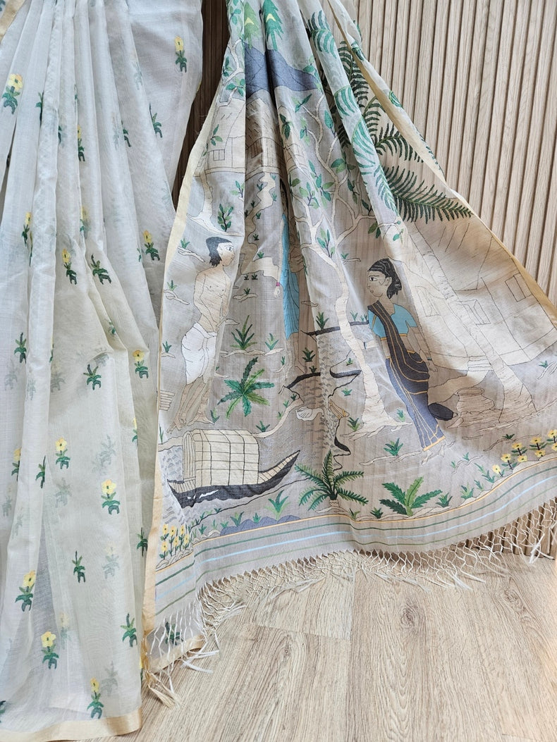 Handwoven Muslin Silk Jamdani Saree – Bengal Village Life (Master Weaver Edition) Balaram Saha