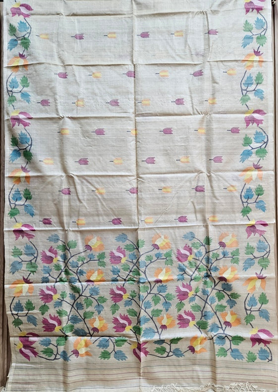 Experience Luxury with Beige Handloom Tussar Silk Handwwoven Jamdani Saree Balaram Saha