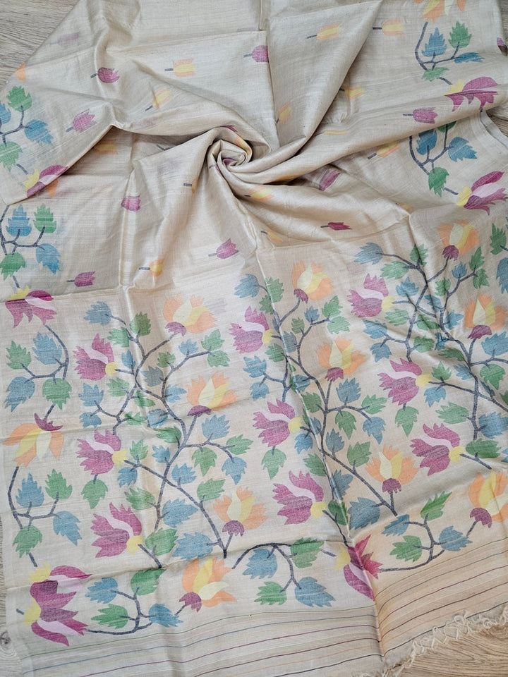 Experience Luxury with Beige Handloom Tussar Silk Handwwoven Jamdani Saree Balaram Saha