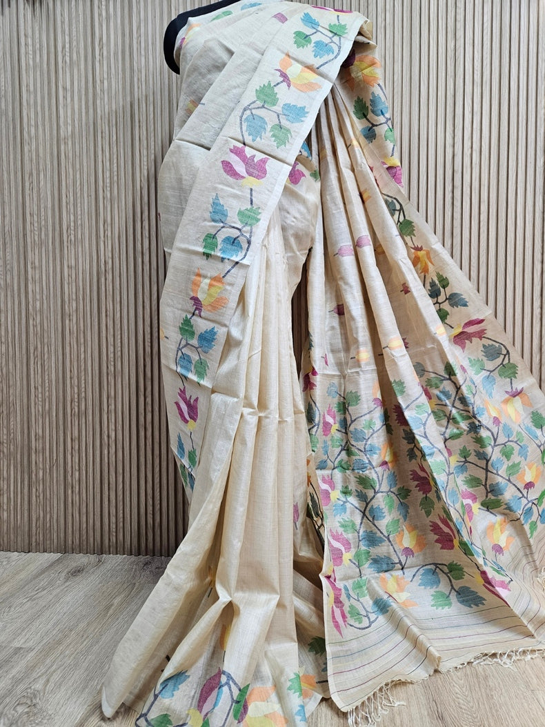 Experience Luxury with Beige Handloom Tussar Silk Handwwoven Jamdani Saree Balaram Saha