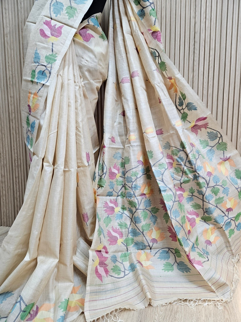 Experience Luxury with Beige Handloom Tussar Silk Handwwoven Jamdani Saree Balaram Saha