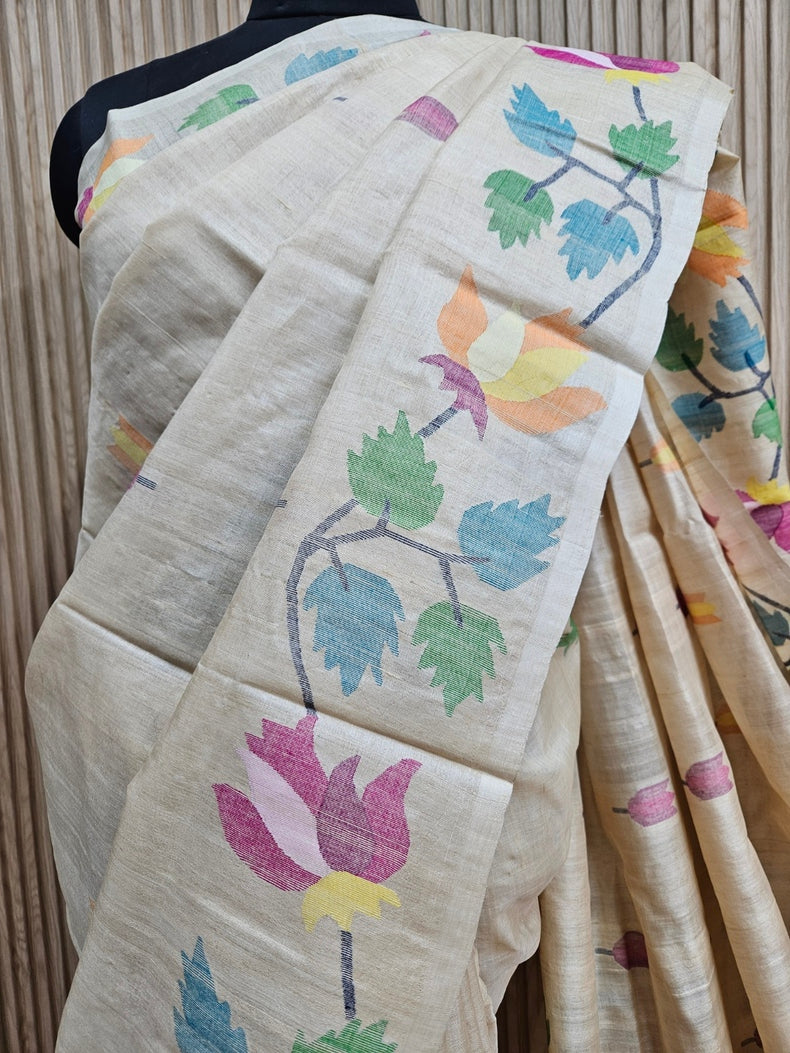 Experience Luxury with Beige Handloom Tussar Silk Handwwoven Jamdani Saree Balaram Saha