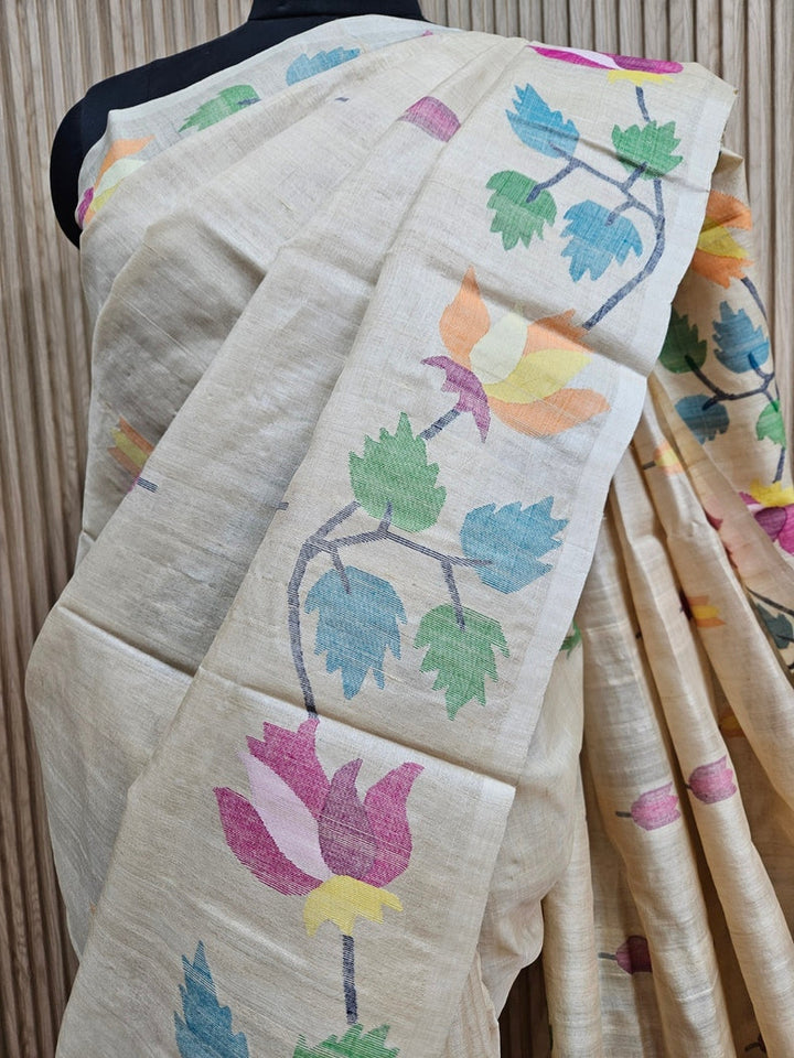 Experience Luxury with Beige Handloom Tussar Silk Handwwoven Jamdani Saree Balaram Saha