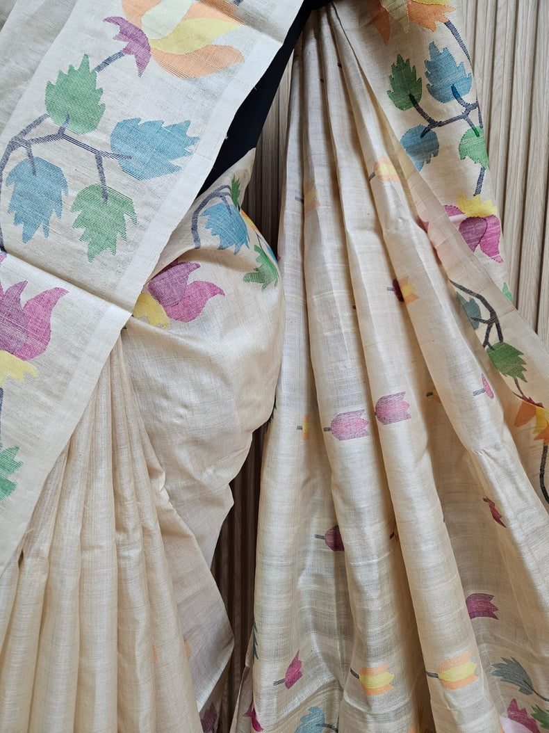 Experience Luxury with Beige Handloom Tussar Silk Handwwoven Jamdani Saree Balaram Saha