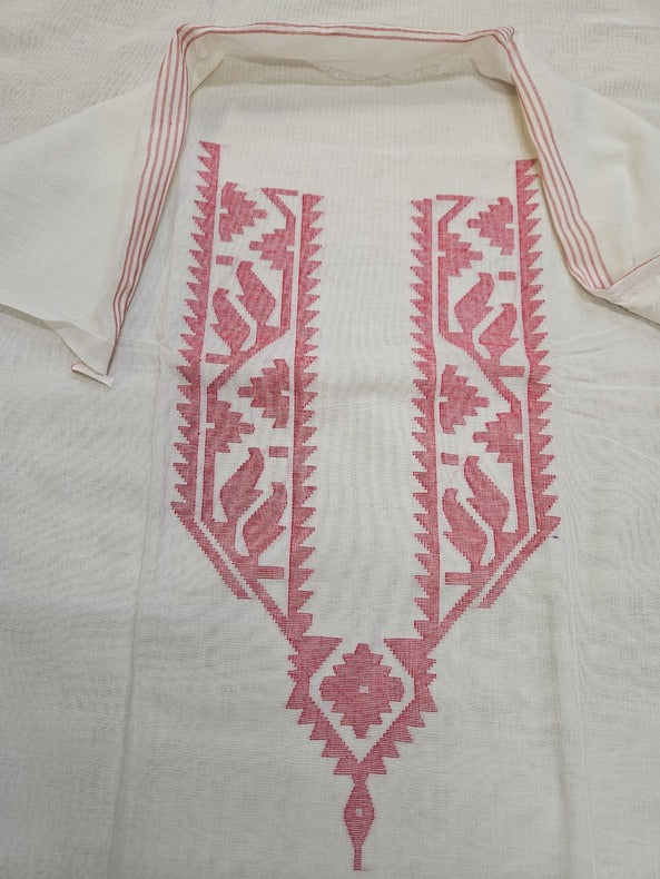 Of-White & Red Soft Handloom Jacquard Jamdani Kurta Piece (Tussar/Cotton) Balaram Saha