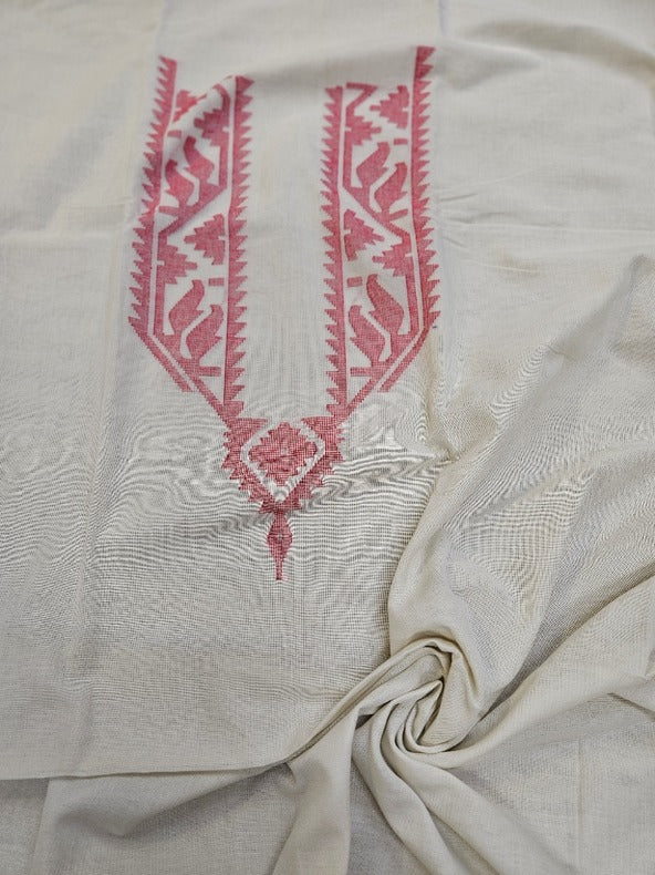 Of-White & Red Soft Handloom Jacquard Jamdani Kurta Piece (Tussar/Cotton) Balaram Saha