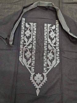 Black & Silver Zari Handwoven Cotton Unisex Jamdani Kurta Piece Balaram Saha