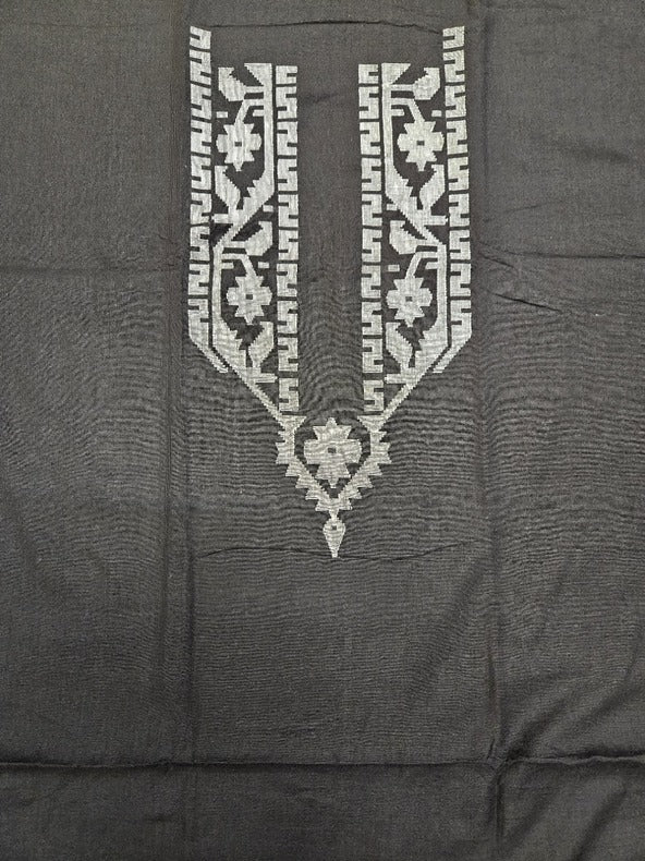 Black & Silver Zari Handwoven Cotton Unisex Jamdani Kurta Piece Balaram Saha