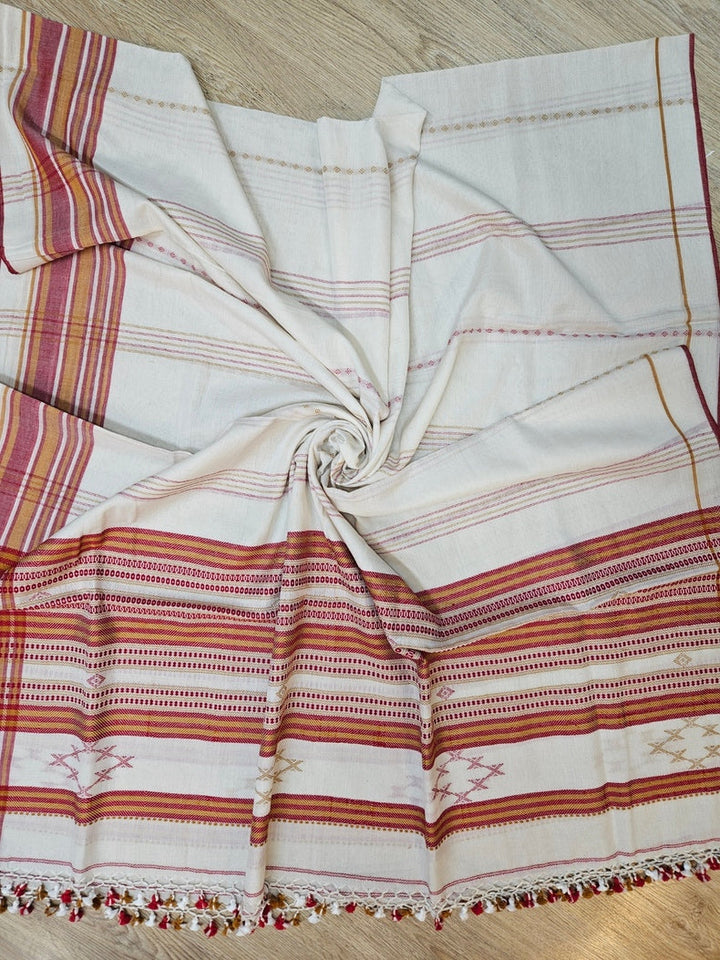 Off White & Red Handloom Soft Cotton Two Pice Kurta Sets Top & Dupatta Balaram Saha
