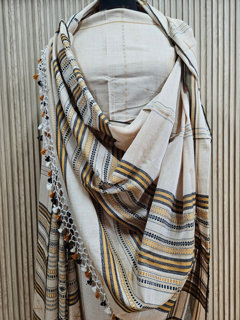 Beige & Black Handloom Soft Cotton Two Pice Kurta Sets Top & Dupatta Balaram Saha
