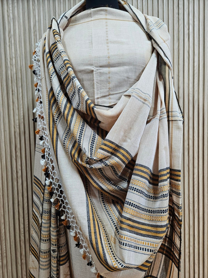 Beige & Black Handloom Soft Cotton Two Pice Kurta Sets Top & Dupatta Balaram Saha