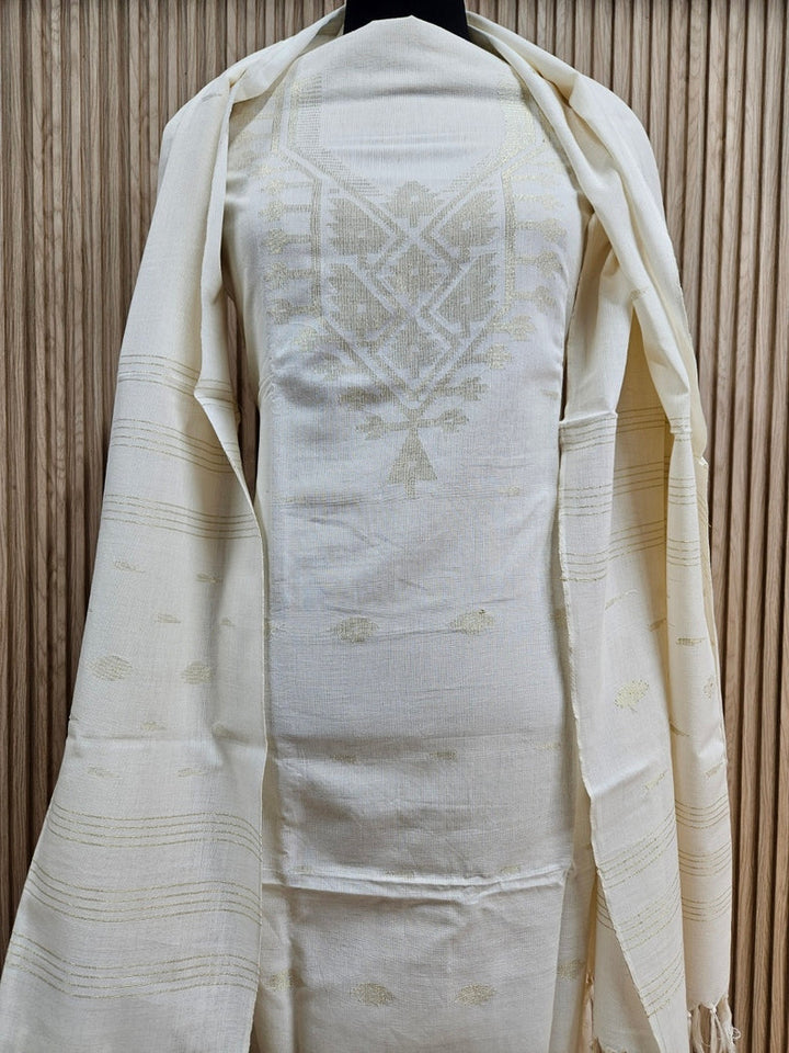 Off White & Gold Handwoven Cotton Jamdani 3-piece Kurta Set Balaram Saha