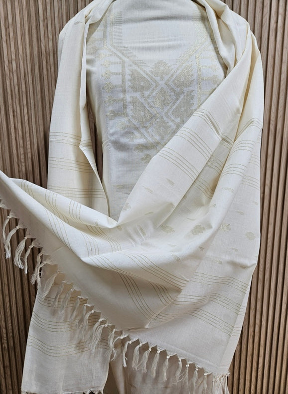 Off White & Gold Handwoven Cotton Jamdani 3-piece Kurta Set Balaram Saha