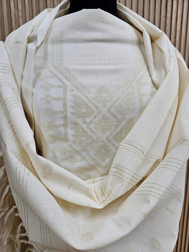 Off White & Gold Handwoven Cotton Jamdani 3-piece Kurta Set Balaram Saha