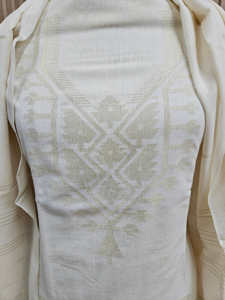 Off White & Gold Handwoven Cotton Jamdani 3-piece Kurta Set Balaram Saha