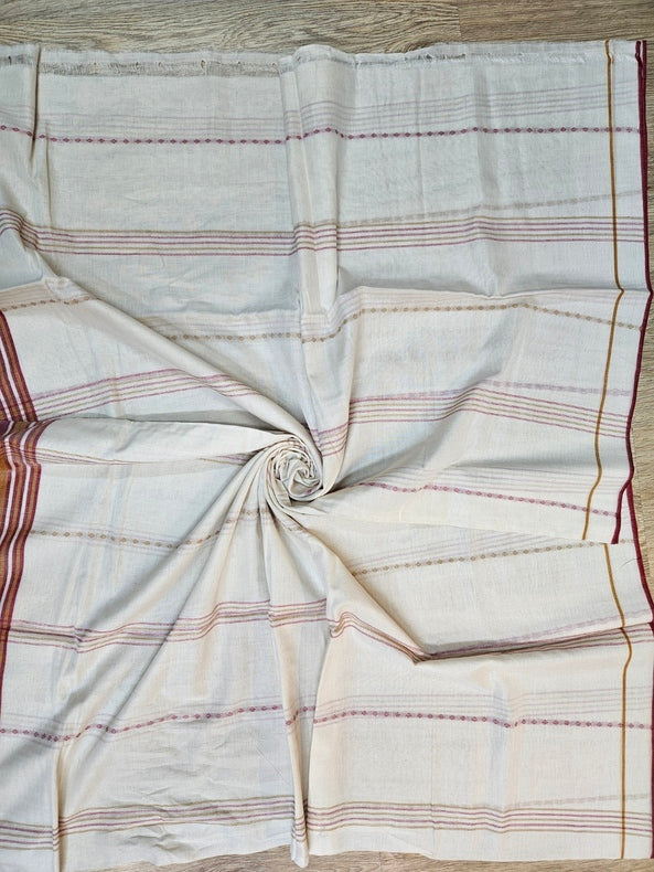 Off White & Red Handloom Soft Cotton Two Pice Kurta Sets Top & Dupatta Balaram Saha