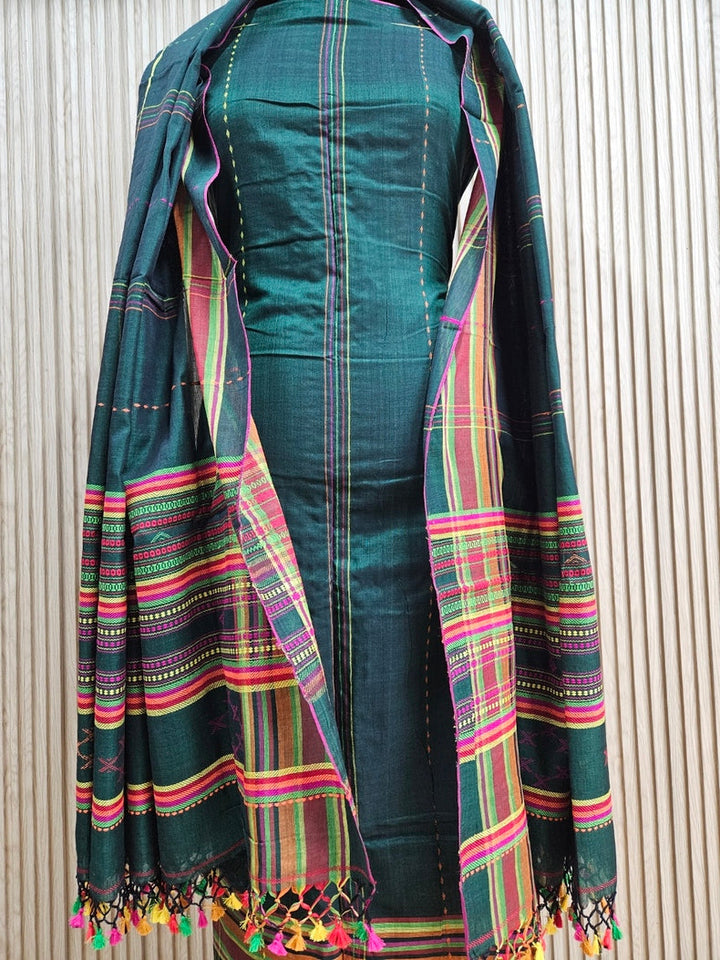 Dark Gree Handloom Soft Cotton Two Pice Kurta Sets Top & Dupatta Balaram Saha