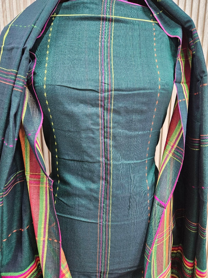 Dark Gree Handloom Soft Cotton Two Pice Kurta Sets Top & Dupatta Balaram Saha