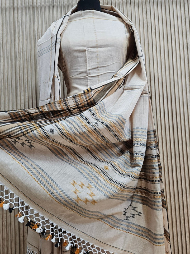 Beige & Black Handloom Soft Cotton Two Pice Kurta Sets Top & Dupatta Balaram Saha