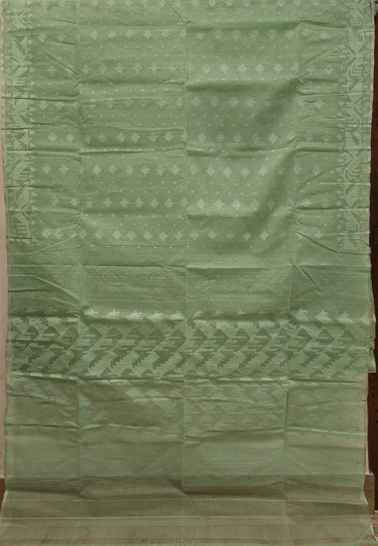 Pista Green, cotton Bangladeshi Handwoven Dhakai Jamdani Saree Balaram Saha