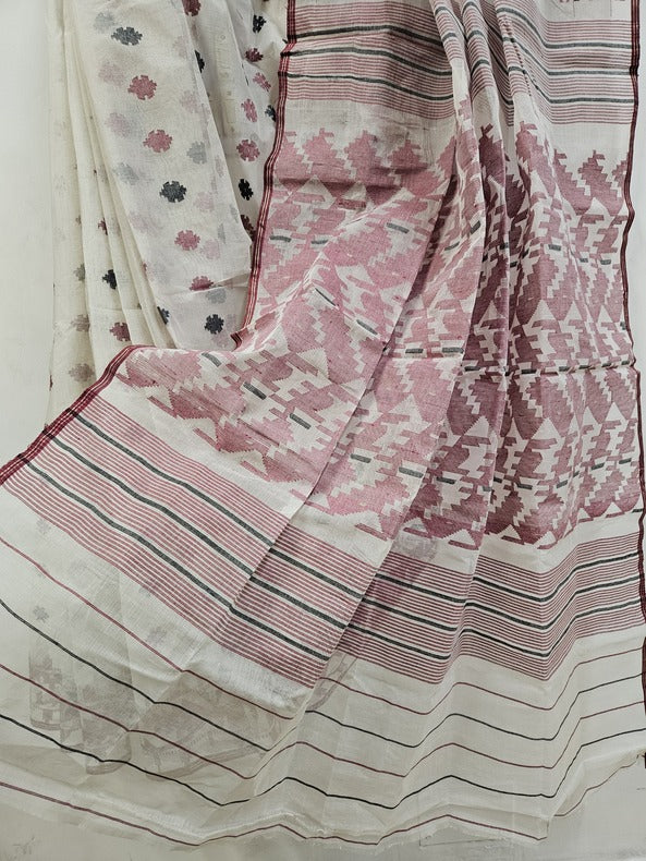 Off White Handwoven Bangladesh Cotton Jamdani Saree Balaram Saha