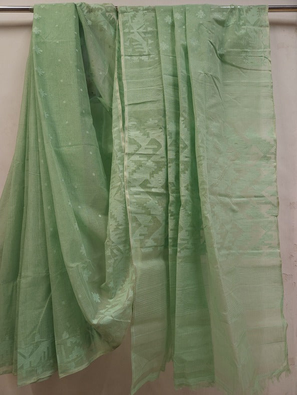 Pista Green, cotton Bangladeshi Handwoven Dhakai Jamdani Saree Balaram Saha