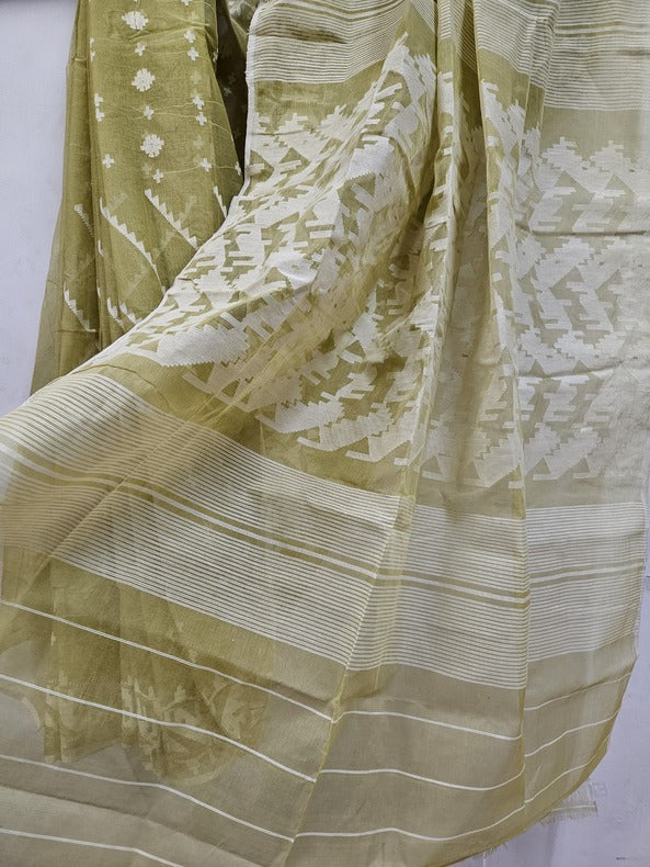 Fresh & Fabulous: Lemon Green Handwoven Bangladesh Cotton Jamdani Saree (handloom saree, jamdani saree, jamdani sarees, cotton jamdani saree, jamdani cotton saree handloom cotton saree, balaram saha online, jamdani saree online, soft jamdani saree)