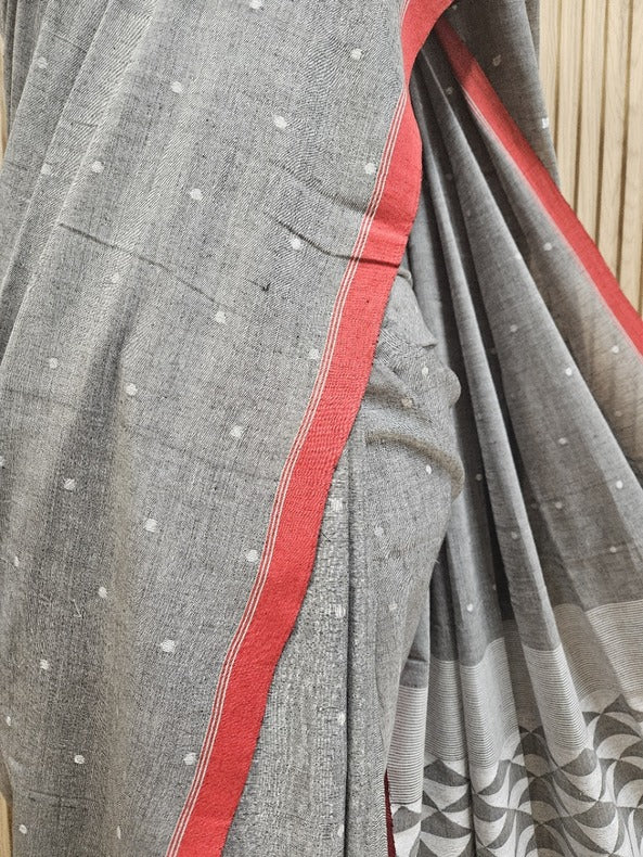 Grey & Red Handloom Handspun Cotton Jamdani Saree Balaram Saha