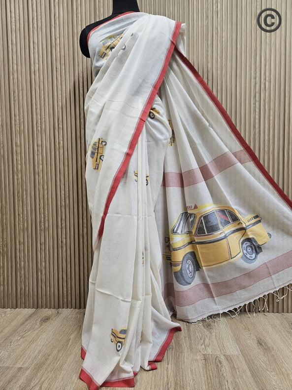 Kolkata Yellow Taxi |  Art Of Handwoven Handspun cotton Jamdani Saree © Balaram Saha