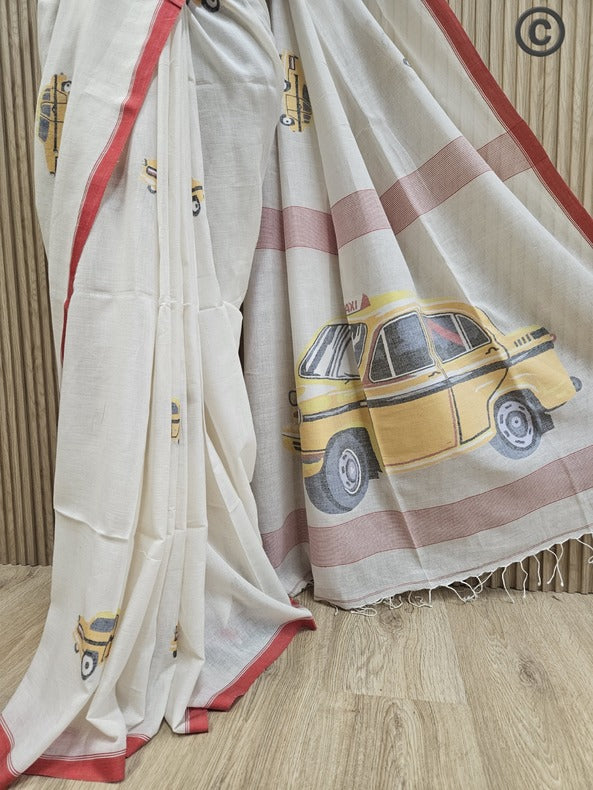 Kolkata Yellow Taxi |  Art Of Handwoven Handspun cotton Jamdani Saree © Balaram Saha