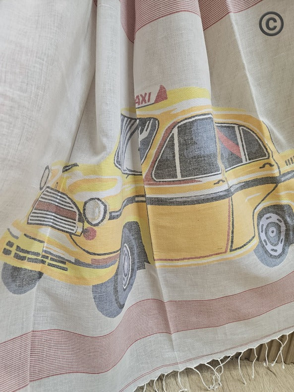 Kolkata Yellow Taxi |  Art Of Handwoven Handspun cotton Jamdani Saree © Balaram Saha