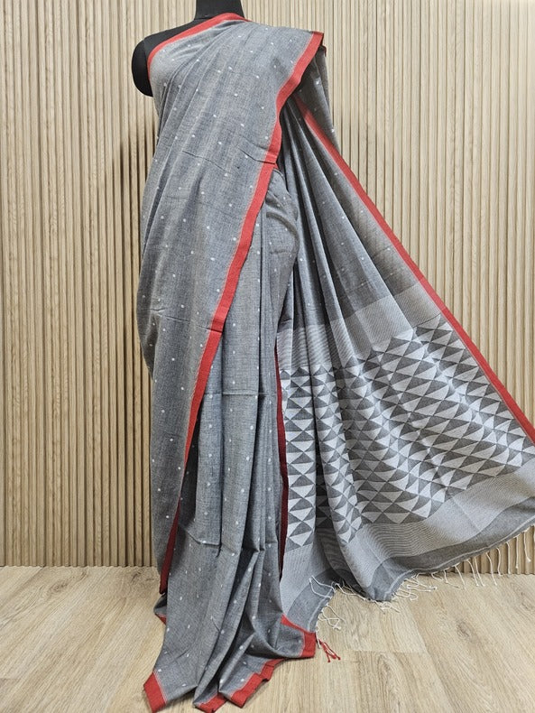 Grey & Red Handloom Handspun Cotton Jamdani Saree Balaram Saha