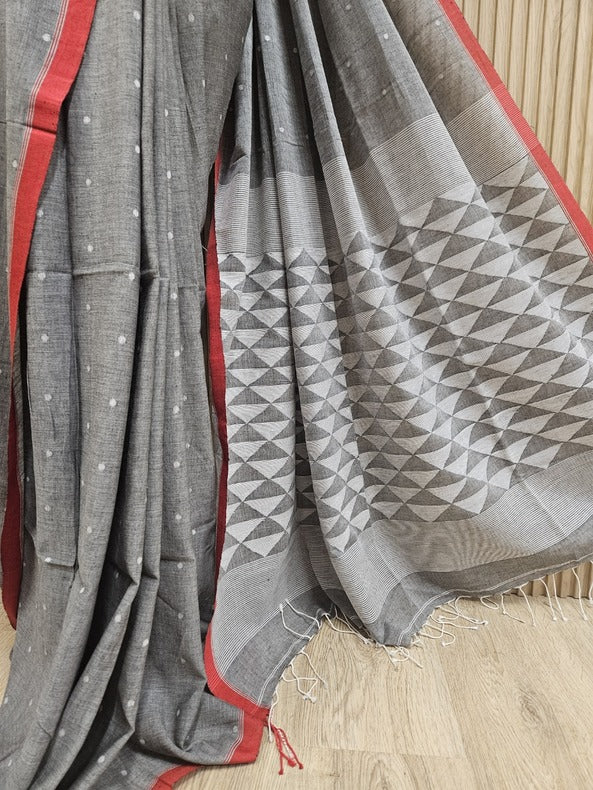 Grey & Red Handloom Handspun Cotton Jamdani Saree Balaram Saha