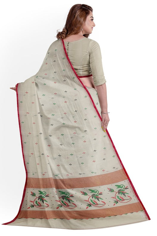 White & Red handloom Handwoven Traditional Cotton jamdani Saree Balaram Saha