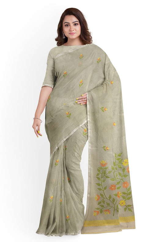 Light Grey & Multicolo handwoven Cotton Jamdani Saree Balaram Saha