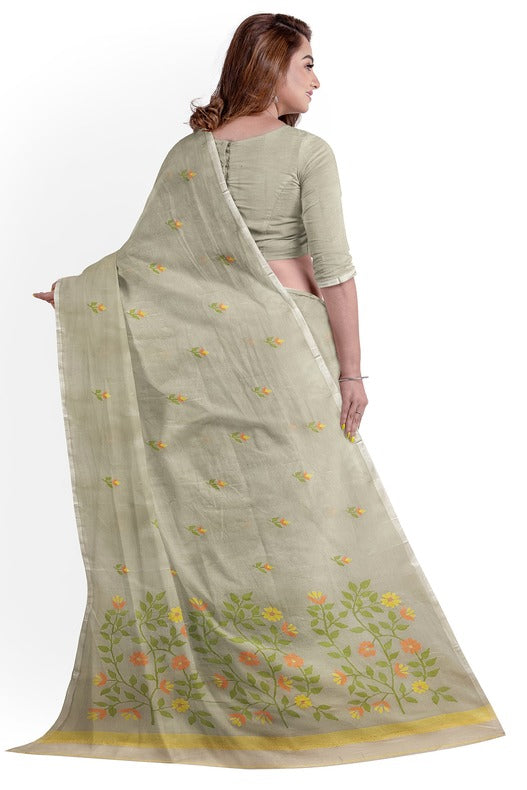 Light Grey & Multicolo handwoven Cotton Jamdani Saree Balaram Saha
